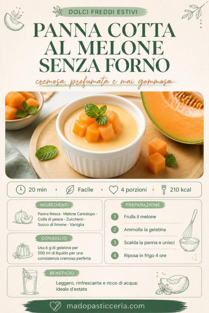 Panna cotta al melone senza forno in stampino bianco, decorata con cubetti di melone Cantalupo e foglie di menta, su vassoio di legno chiaro