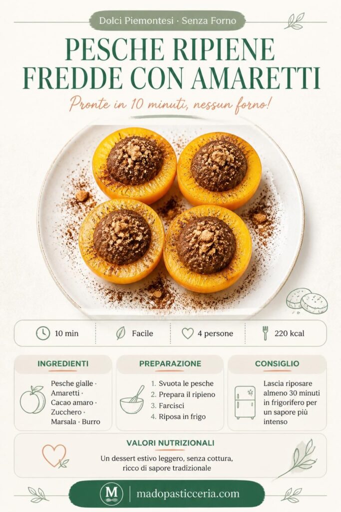 Pesche ripiene fredde con amaretti e cacao su piatto bianco, dolce piemontese senza forno