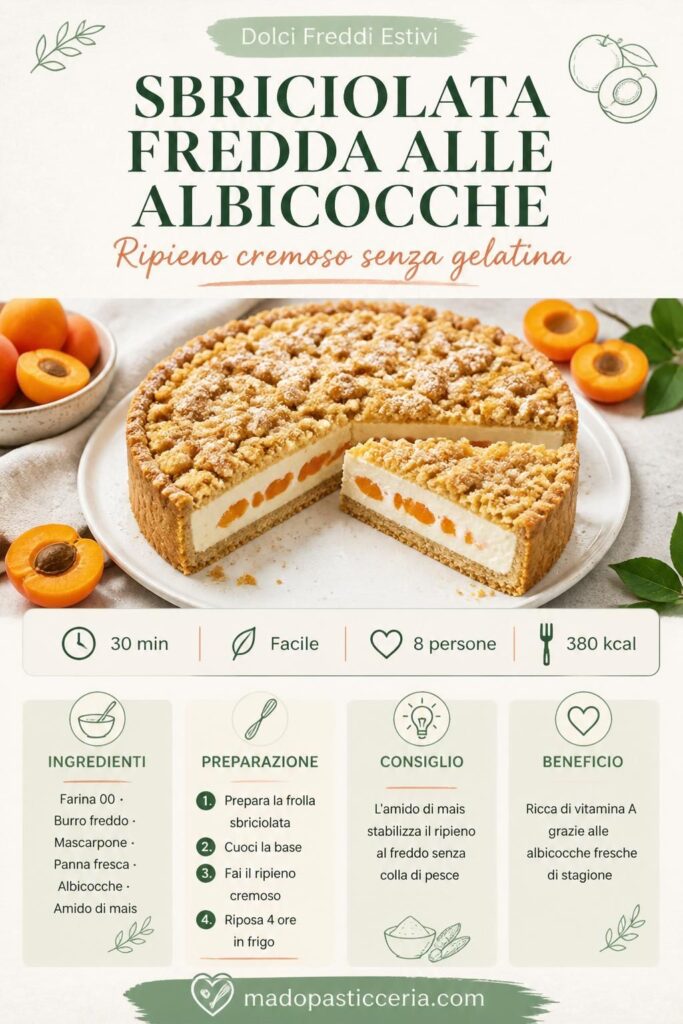 Sbriciolata fredda alle albicocche con ripieno cremoso senza gelatina, fetta tagliata su piatto bianco