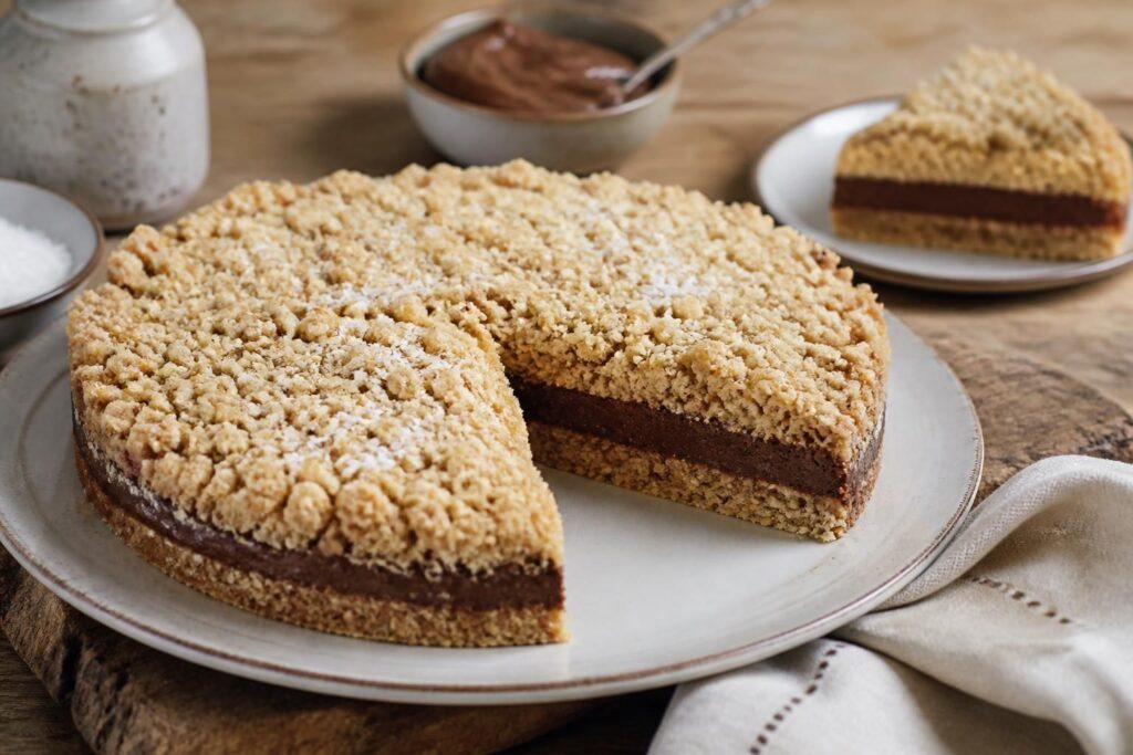 Sbriciolata fredda alla Nutella e cocco senza forno, tagliata a fetta per mostrare gli strati: base di biscotti al cacao, crema al mascarpone e cocco, copertura alla Nutella