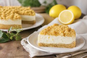 Sbriciolata al limone senza cottura in uno stampo rotondo: base di biscotti croccante e crema al limone vellutata, decorata con scorza di limone biologico e fette di limone fresco