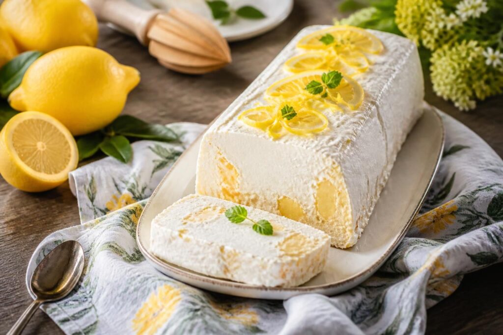 Semifreddo al limoncello senza gelatiera servito a fette su piatto bianco, decorato con scorza di limone e foglioline di menta fresca