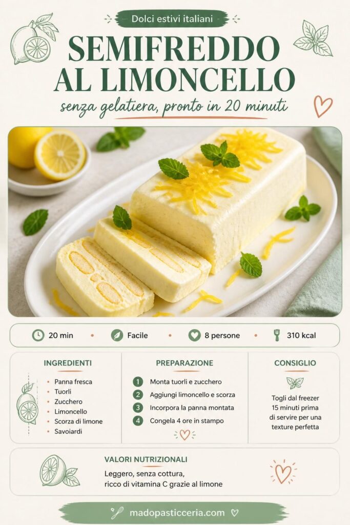 Semifreddo al limoncello senza gelatiera affettato su piatto bianco con menta e scorza di limone