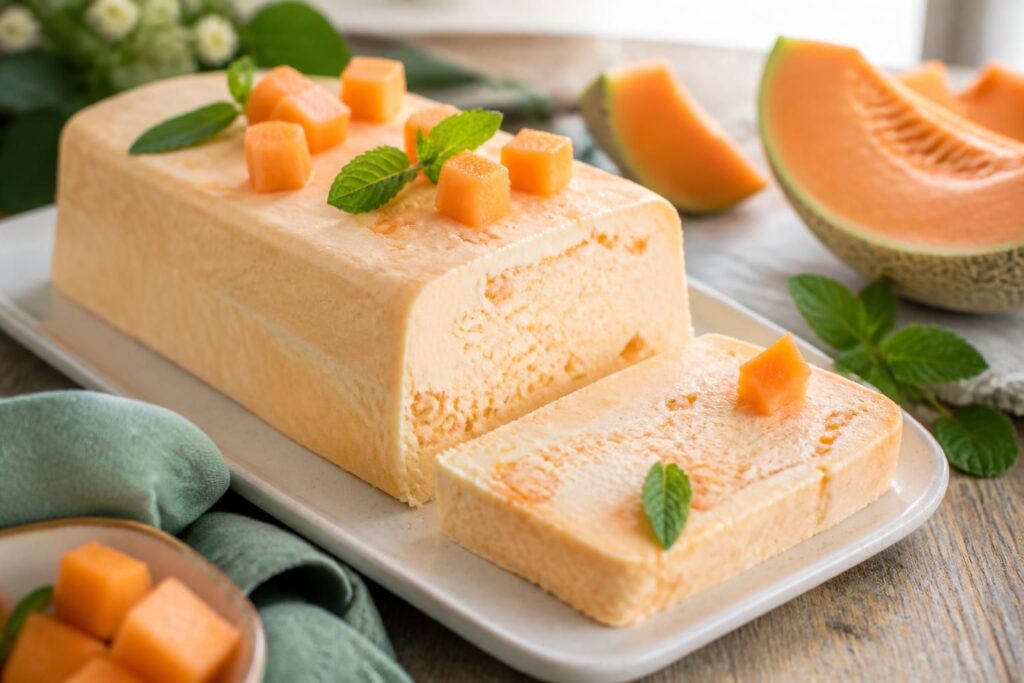 Semifreddo al melone senza uova tagliato a fette su un piatto bianco, con texture cremosa interna e decorazione di foglie di menta fresca