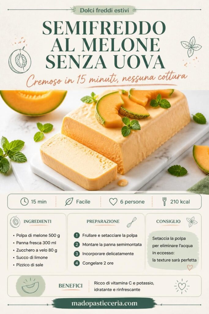 Semifreddo al melone senza uova tagliato a fette su piatto bianco con menta fresca, texture cremosa visibile