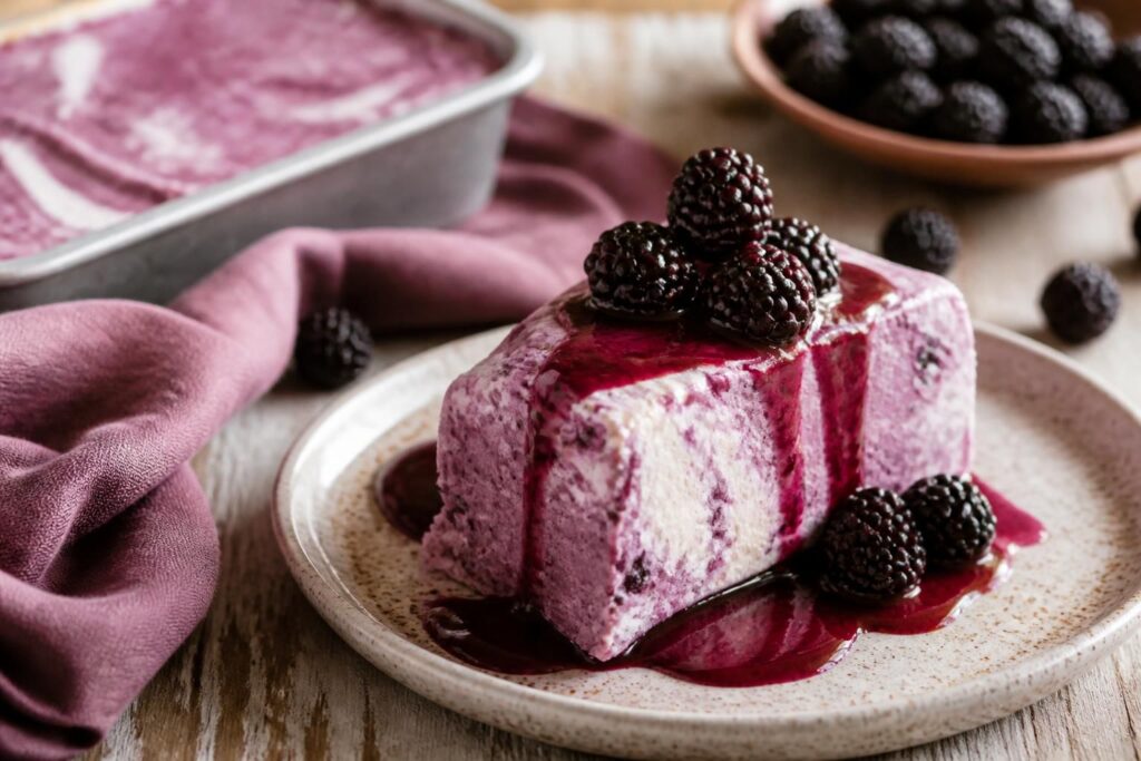 Semifreddo alle more senza gelatiera servito su piatto bianco con salsa veloce coulis e more fresche