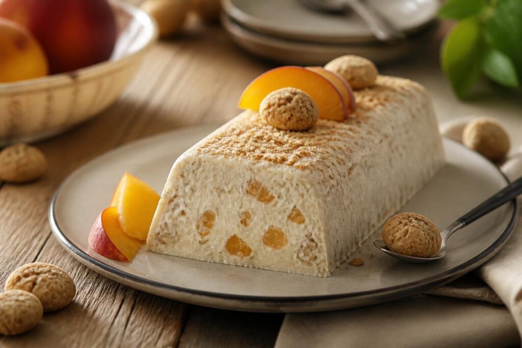 Semifreddo alla pesca e amaretti tagliato a fette su vassoio di legno, decorato con fettine di pesca fresca e briciole di amaretti piemontesi