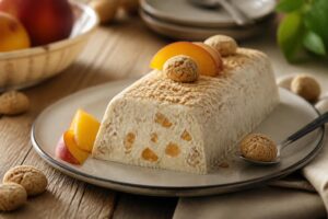 Semifreddo alla pesca e amaretti tagliato a fette su vassoio di legno, decorato con fettine di pesca fresca e briciole di amaretti piemontesi