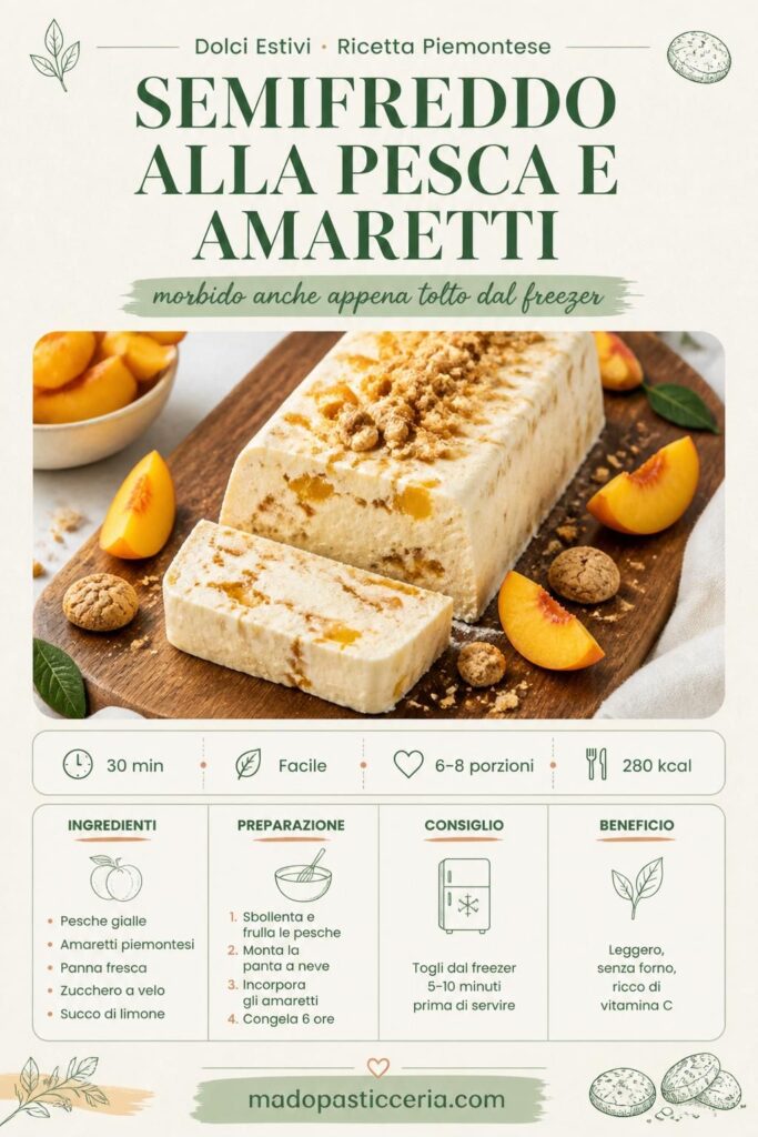Semifreddo alla pesca e amaretti tagliato a fette, decorato con pesche fresche e amaretti piemontesi, su vassoio di legno chiaro