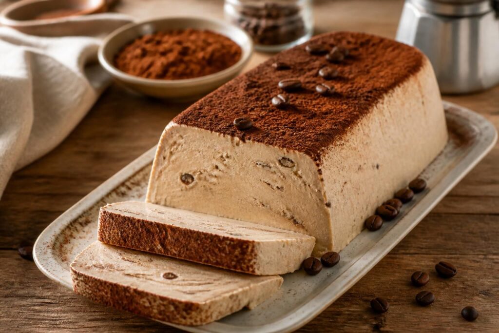 Semifreddo alla ricotta e caffè tagliato a fette perfette su un vassoio bianco, decorato con cacao amaro e scaglie di cioccolato fondente