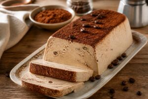 Semifreddo alla ricotta e caffè tagliato a fette perfette su un vassoio bianco, decorato con cacao amaro e scaglie di cioccolato fondente