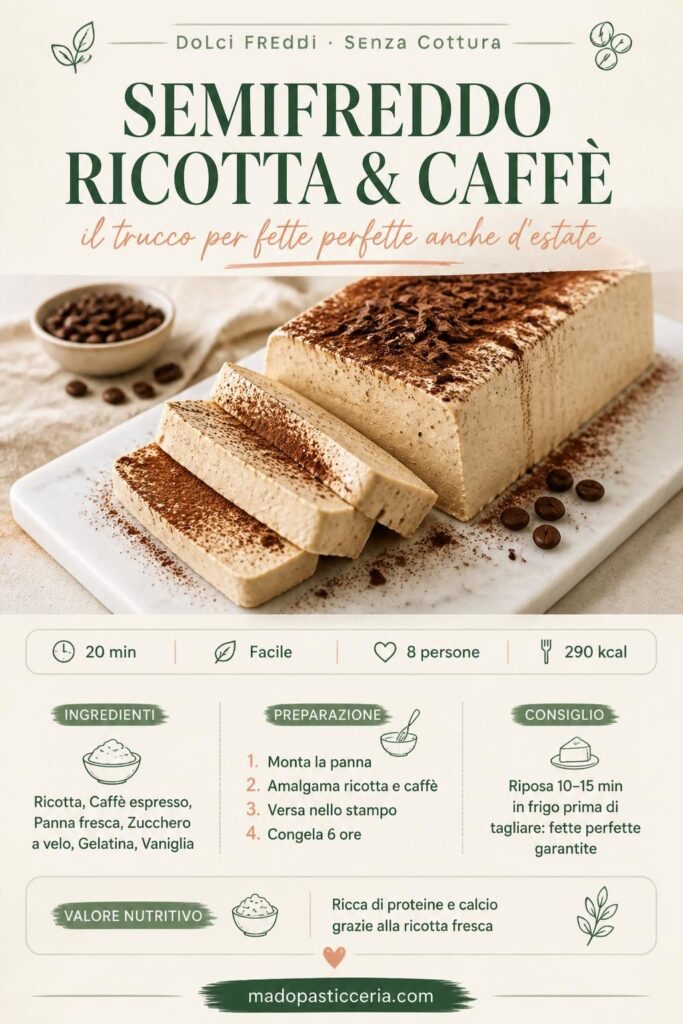Semifreddo alla ricotta e caffè a fette perfette su vassoio bianco con cacao e cioccolato fondente