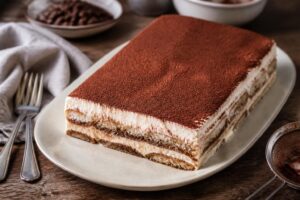 Mattonella semifreddo al tiramisù senza uova tagliata a fette, con strati di savoiardi e crema al mascarpone, spolverata di cacao amaro