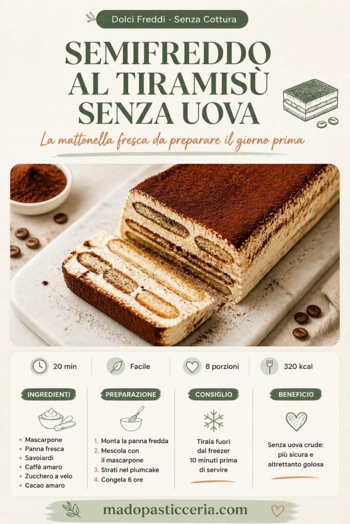 Semifreddo al tiramisù senza uova: mattonella a strati con savoiardi, crema al mascarpone e cacao amaro