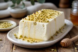 Semifreddo allo yogurt e miele tagliato a fette su un piatto bianco, decorato con miele a filo e frutti di bosco freschi
