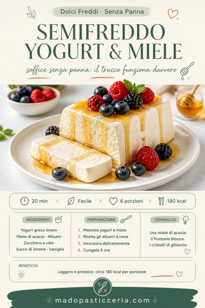 Semifreddo allo yogurt e miele tagliato a fette con miele a filo e frutti di bosco