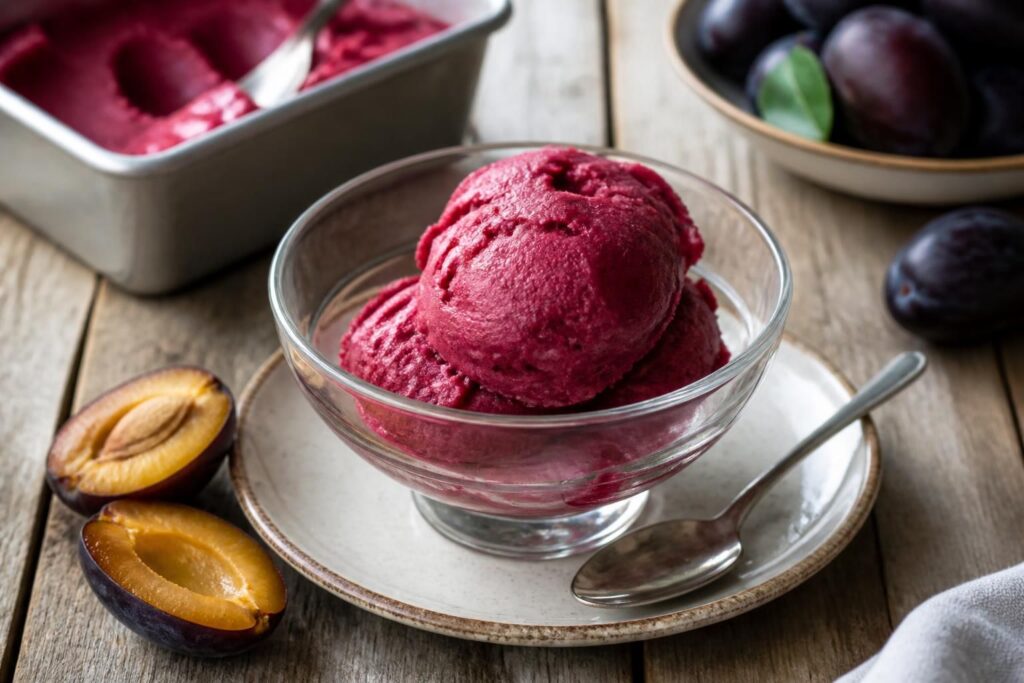 Sorbetto alle prugne senza gelatiera servito in coppette con prugne fresche e foglie di menta, consistenza morbida e cremosa