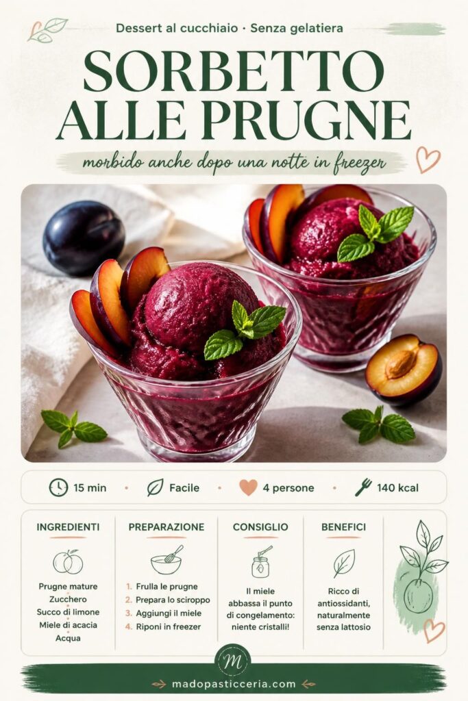 Sorbetto alle prugne senza gelatiera, cremoso e viola intenso, servito in coppette di vetro con prugne fresche e menta
