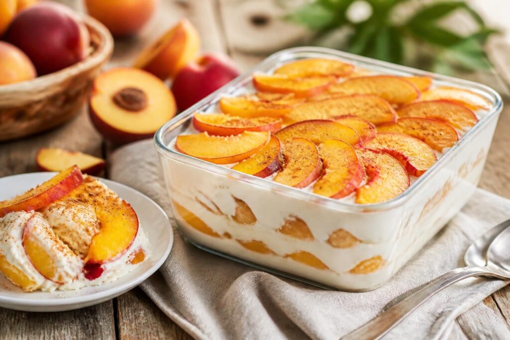 Tiramisù alle pesche senza uova in coppa trasparente, con strati di crema al mascarpone, savoiardi e fettine di pesca fresca su sfondo chiaro