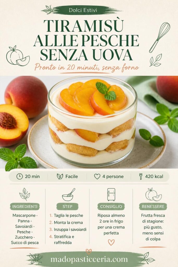 Tiramisù alle pesche senza uova: strati di crema al mascarpone, savoiardi e pesche fresche in coppa trasparente