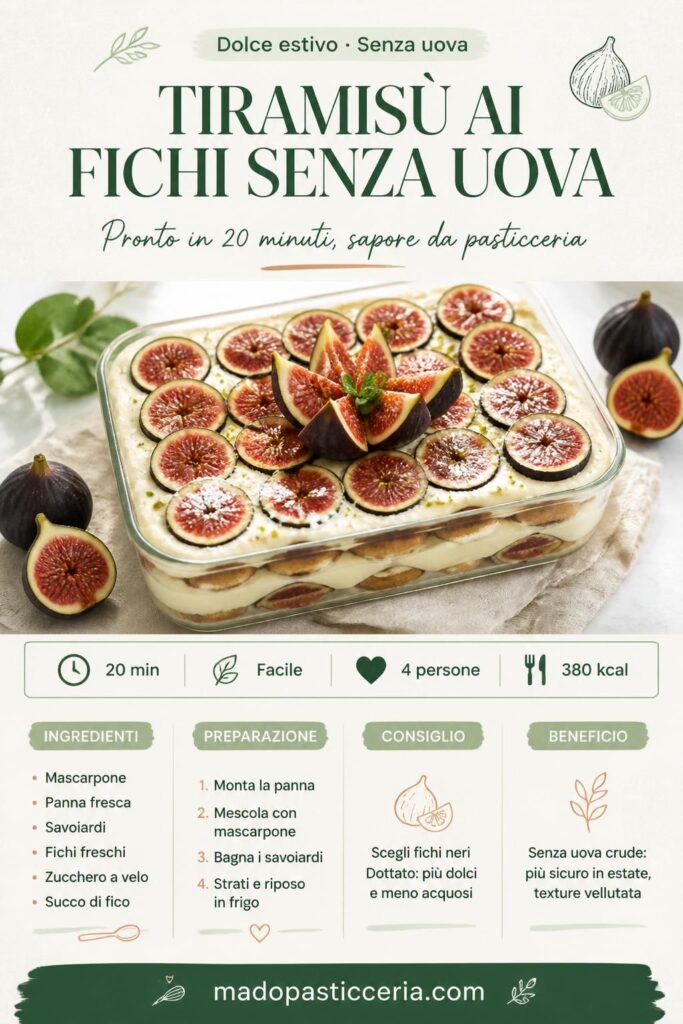 Tiramisù ai fichi senza uova con strati di crema al mascarpone e fichi freschi, ricetta estiva facile in 20 minuti