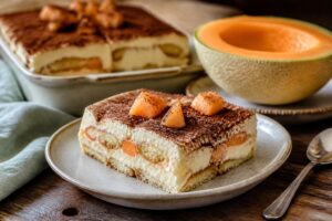 Tiramisù al melone senza caffè servito in una pirofila trasparente, con strati di crema al mascarpone e savoiardi inzuppati nel succo di melone, decorato con cubetti di melone cantalupo fresco