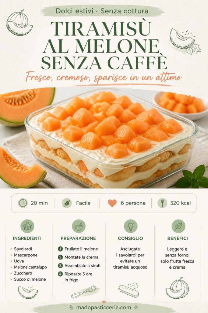 Tiramisù al melone senza caffè in pirofila trasparente con strati di crema e cubetti di melone cantalupo