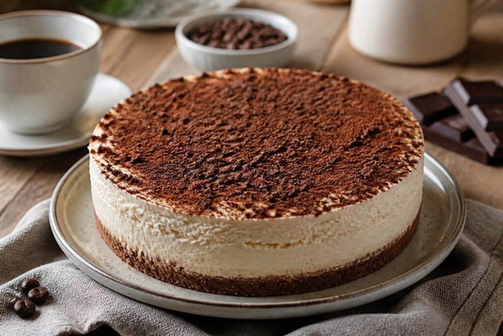 Torta fredda al cappuccino senza uova su piatto bianco, con decorazione di cacao amaro e chicchi di caffè, vista dall'alto