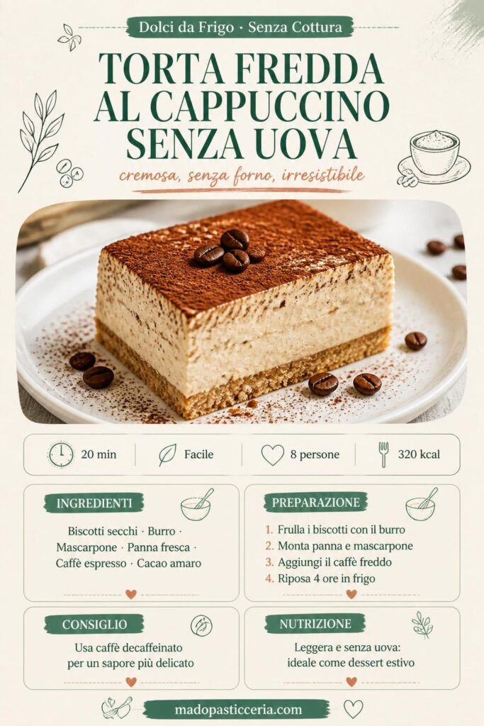 Torta fredda al cappuccino senza uova: pin ricetta con base di biscotti e crema al mascarpone