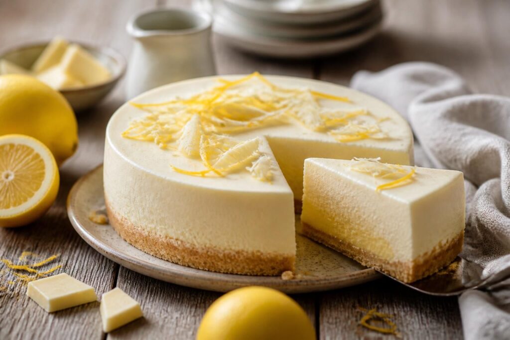 Torta fredda al cioccolato bianco e limone su piatto bianco, decorata con scorza di limone e riccioli di cioccolato bianco, vista dall'alto