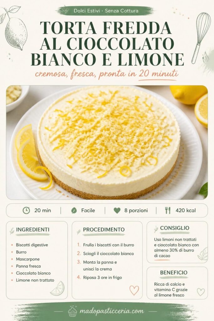 Torta fredda al cioccolato bianco e limone decorata con scorza di limone e riccioli di cioccolato, vista dall'alto