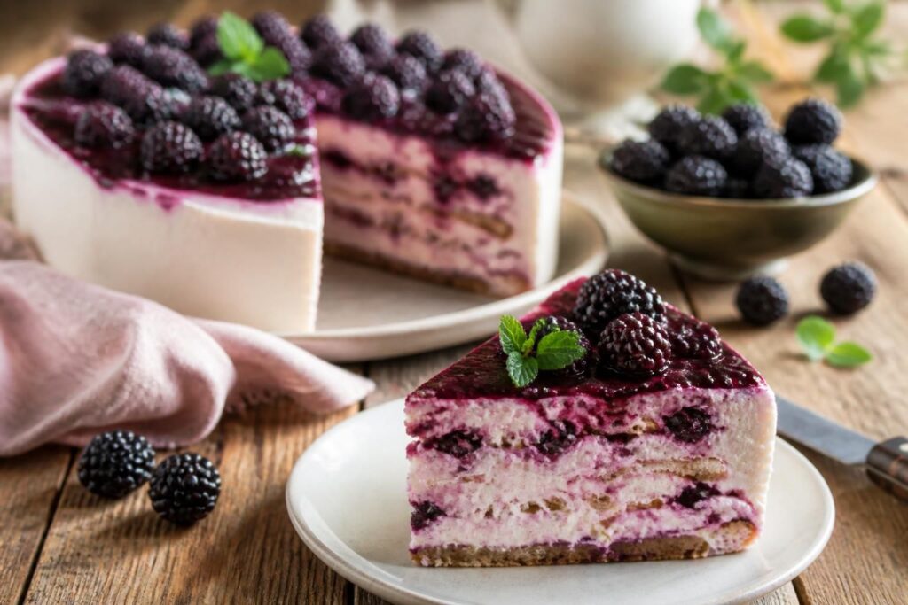 Torta fredda alle more e ricotta senza forno: fetta su piatto bianco con more fresche e foglioline di menta