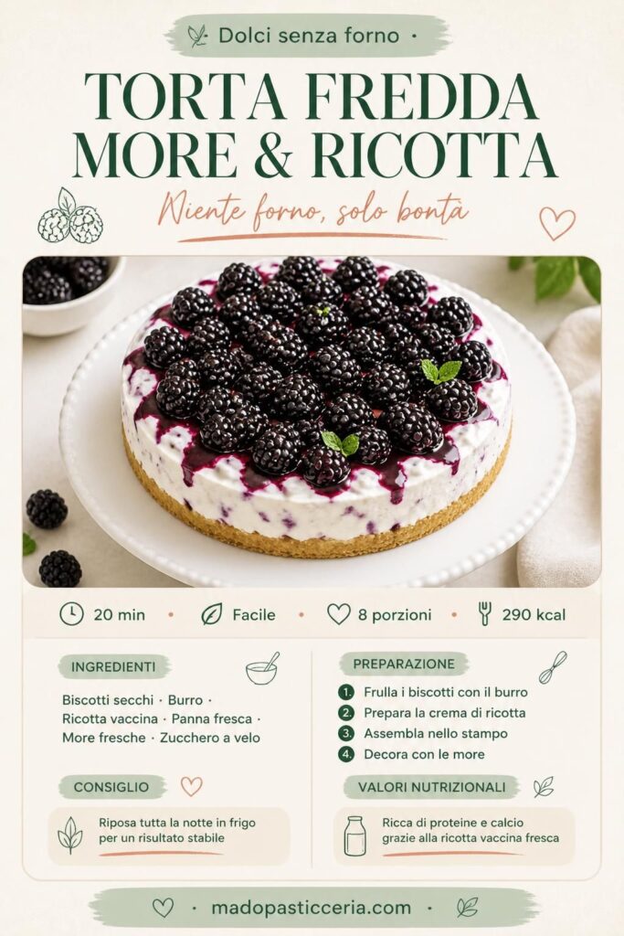 Torta fredda alle more e ricotta senza forno su alzatina bianca con more fresche e menta