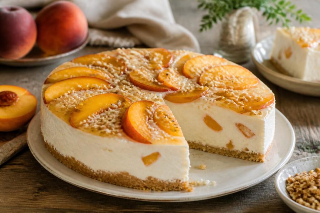 Torta fredda alle pesche senza forno con crema di ricotta compatta, decorata con fette di pesca fresca e foglioline di menta su sfondo chiaro
