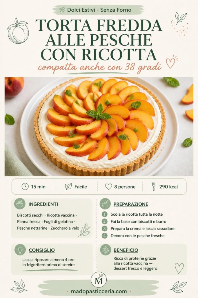 Torta fredda alle pesche senza forno con ricotta compatta, decorata con pesche fresche e menta