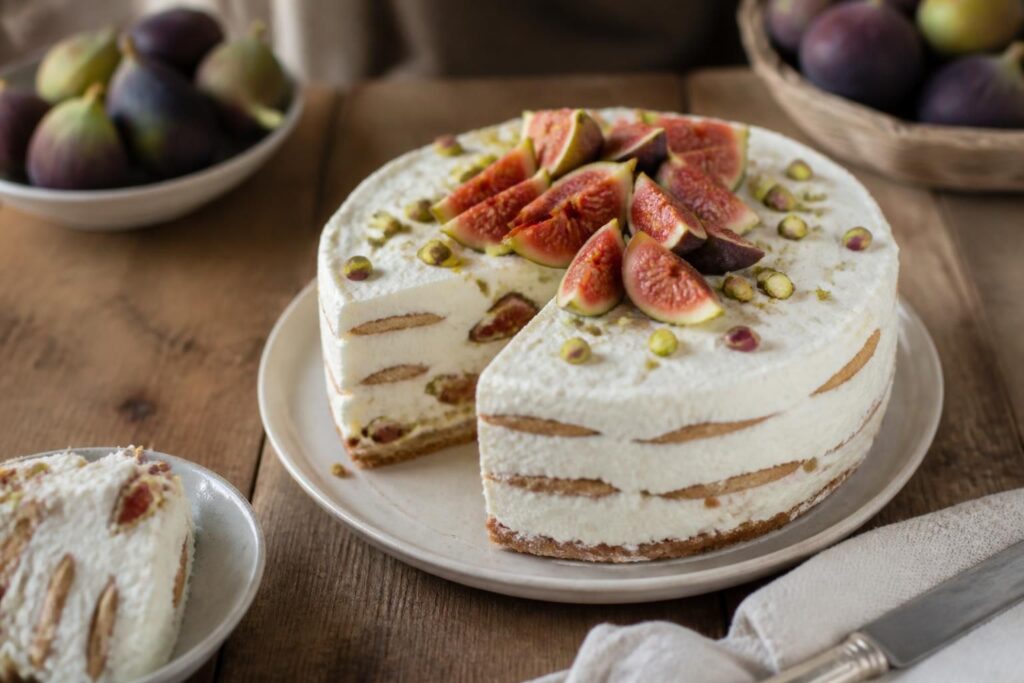 Torta fredda ricotta e fichi senza uova, decorata con fichi freschi tagliati a ventaglio, miele di acacia e pistacchi tritati, su piatto bianco