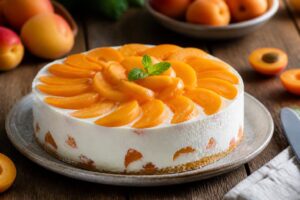 Torta fredda allo yogurt greco e albicocche fresche senza colla di pesce, con base croccante di biscotti e topping di frutta, servita su piatto bianco con luce naturale