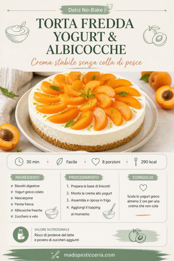 Torta fredda allo yogurt greco e albicocche fresche senza colla di pesce, con base di biscotti e topping di frutta