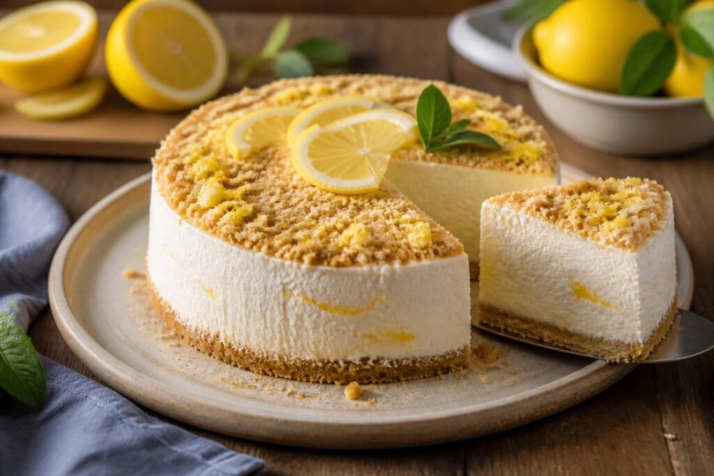 Torta gelato al limone senza gelatiera su piatto bianco, con base di biscotti, crema al limone e scorza grattugiata fresca