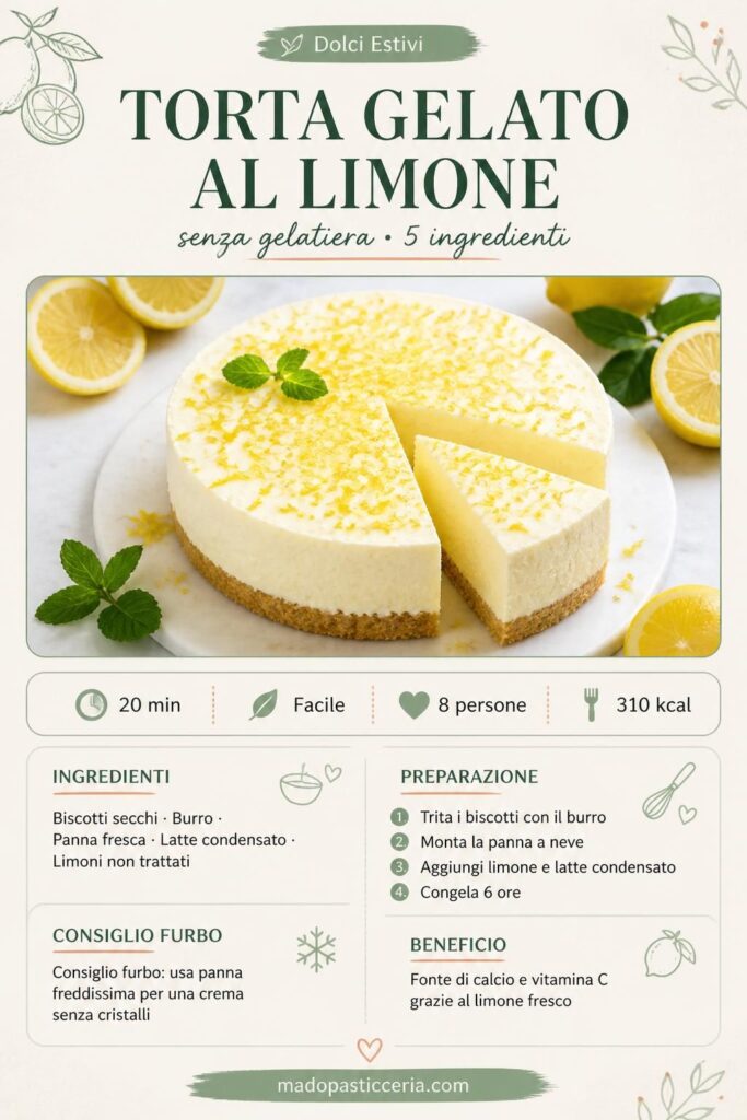 Torta gelato al limone senza gelatiera con base biscotto e scorza di limone fresco