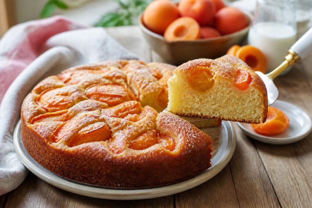 Torta allo yogurt e albicocche cotta in padella antiaderente, vista dall'alto, con fette di albicocche fresche in superficie e zucchero a velo