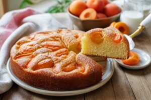 Torta allo yogurt e albicocche cotta in padella antiaderente, vista dall'alto, con fette di albicocche fresche in superficie e zucchero a velo