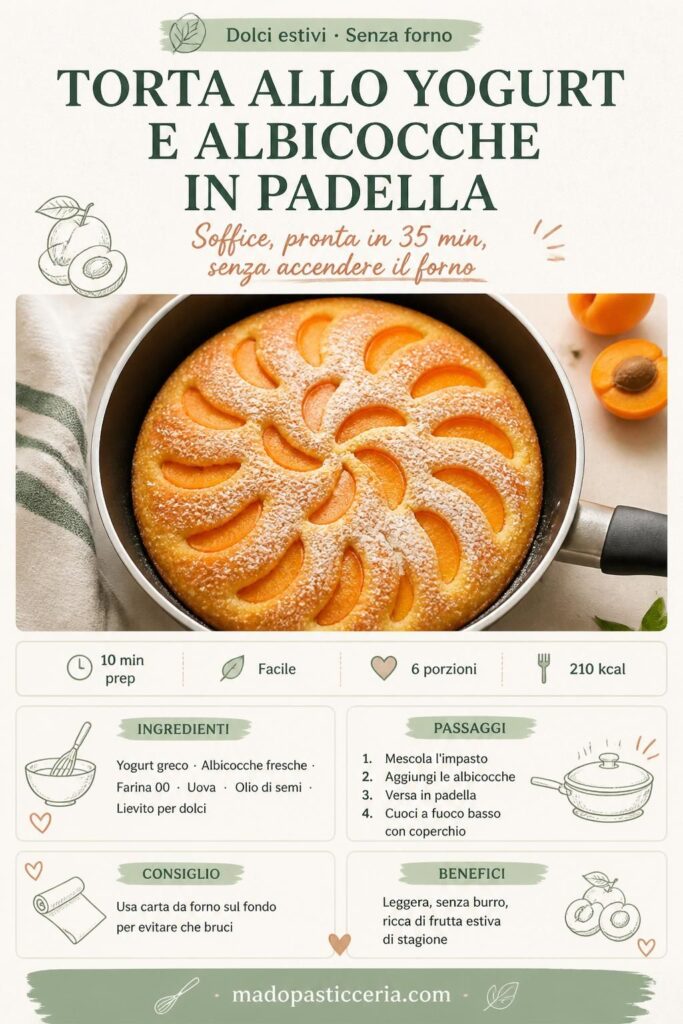 Torta allo yogurt e albicocche cotta in padella, vista dall'alto, con fette di albicocche fresche e zucchero a velo