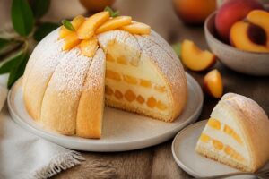 Zuccotto estivo alle pesche e mascarpone sformato su piatto da portata, decorato con fettine di pesca fresca e foglie di menta