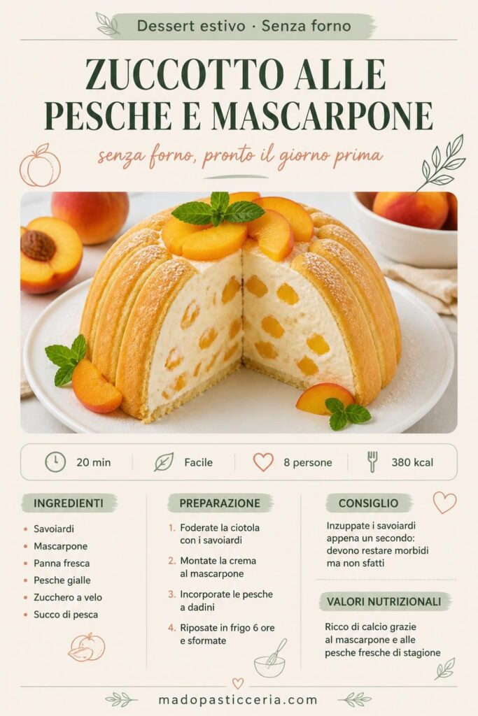 Zuccotto estivo alle pesche e mascarpone senza forno su piatto da portata con decorazione di fettine di pesca e menta