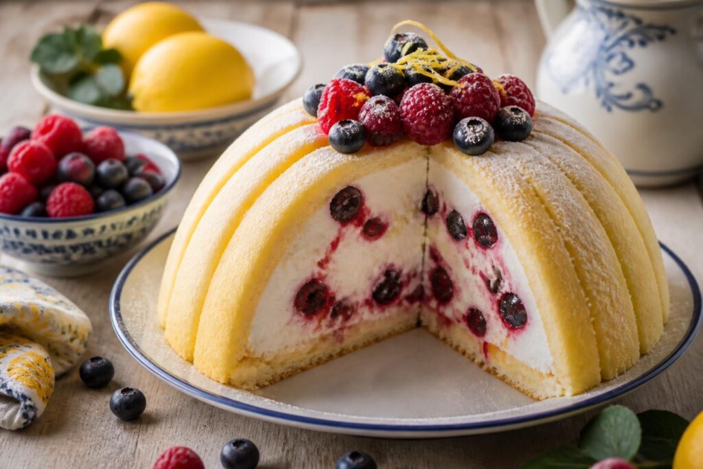 Zuccotto al limone e frutti di bosco senza cottura, sformato su un piatto bianco e decorato con lamponi, mirtilli e more fresche, spolverato di zucchero a velo