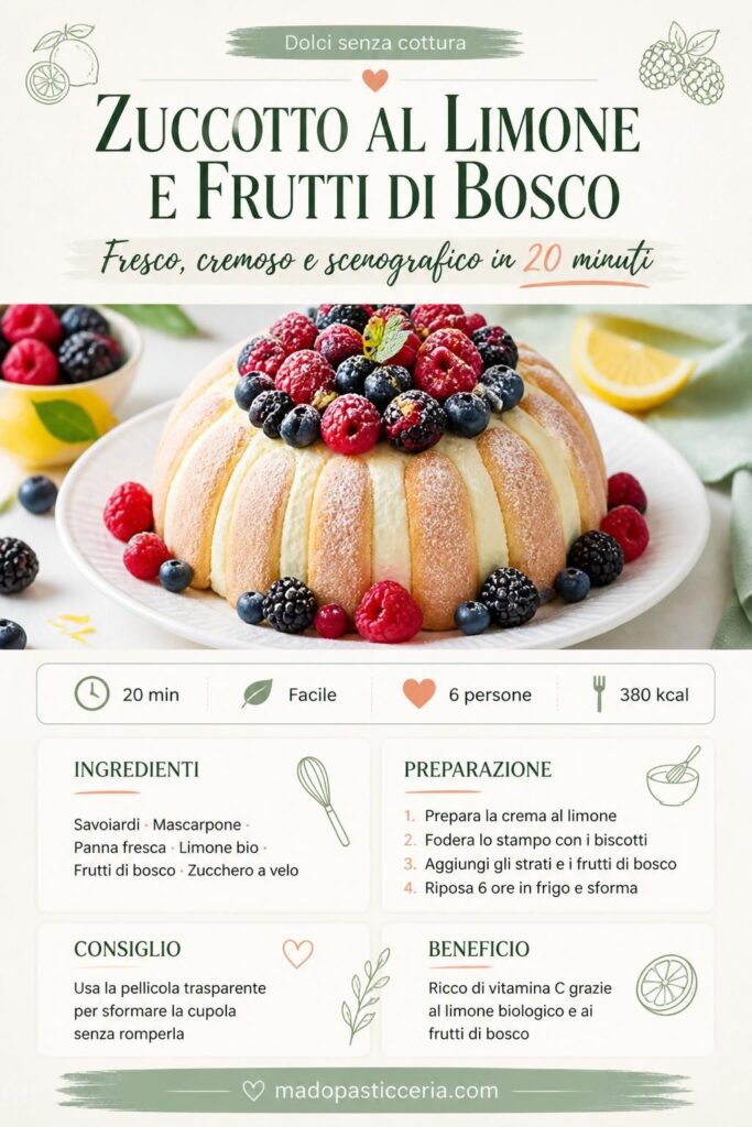 Zuccotto al limone e frutti di bosco senza cottura su piatto bianco con decorazione di more, lamponi e zucchero a velo